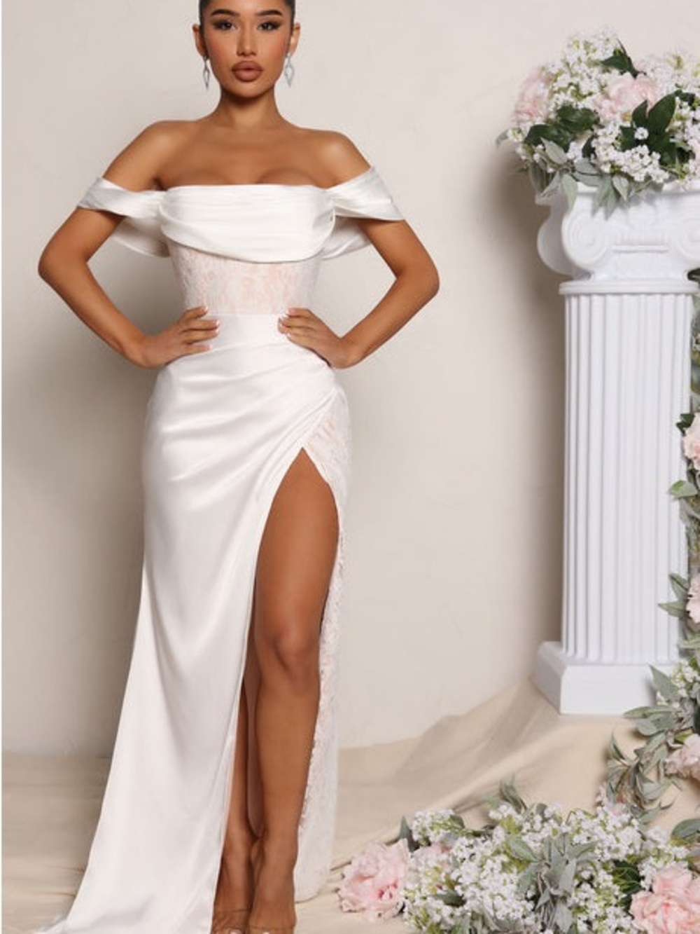 NWT Fashion Nova Down The Aisle Satin Maxi Dress Lace White Large